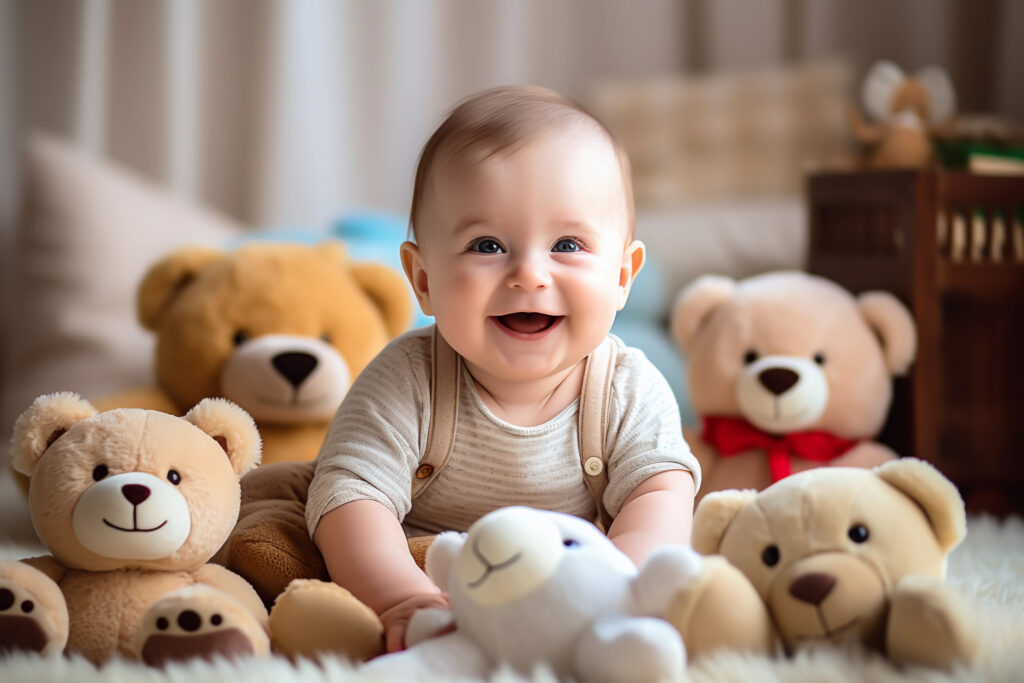 baby playing with his stuffed animals on his bed